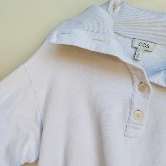 COS Beige Drawstring Hem Cropped Button Up Foldover Funnel Neck Sweater L - Picture 9 of 12